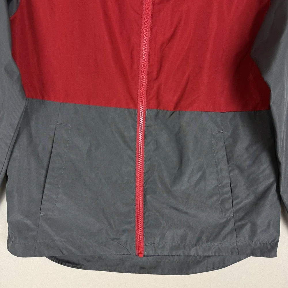 Eddie Bauer Jacket Kids 10/12 Red Gray‎ Hooded Windbreaker Zip Pockets Logo